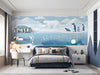 Arctic whale mural wallpaper in a bright, modern bedroom with wooden crib