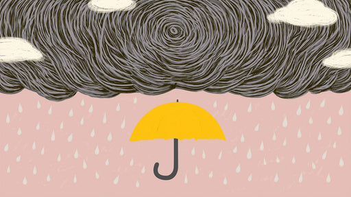 A graphic illustration of a yellow umbrella under swirling charcoal clouds with rain falling on a dusty pink background