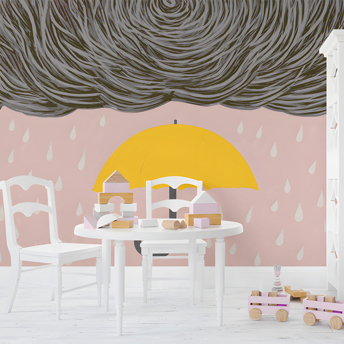 Whimsical weather-themed wallpaper in a bright and playful kids playroom