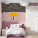 Rainy day umbrella wallpaper installed in a cozy bedroom