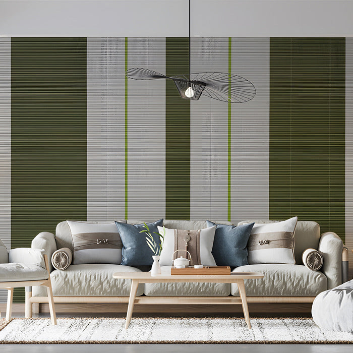Sophisticated living room decorated with clean, vertical olive green and cream striped wall covering.