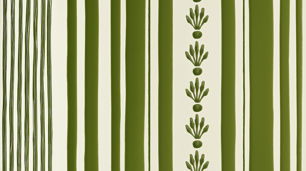 Vertical wallpaper pattern with sage green stripes, thin line details, and small repeating botanical floral motifs on cream