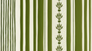 Vertical wallpaper pattern with sage green stripes, thin line details, and small repeating botanical floral motifs on cream