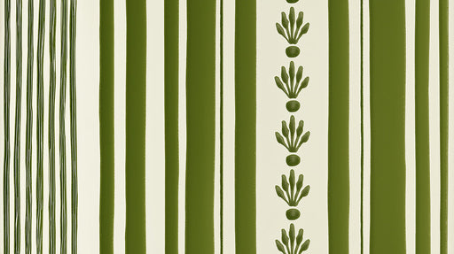 Vertical wallpaper pattern with sage green stripes, thin line details, and small repeating botanical floral motifs on cream