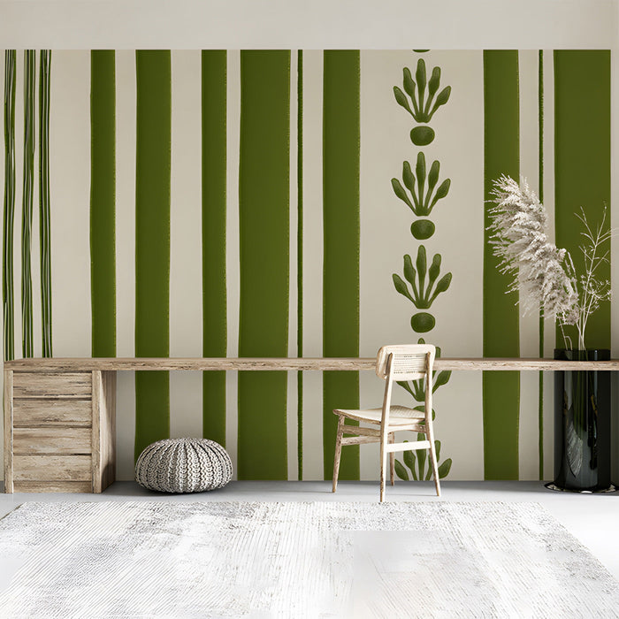 Bright home office space with botanical stripe accent wall and mid-century modern furniture