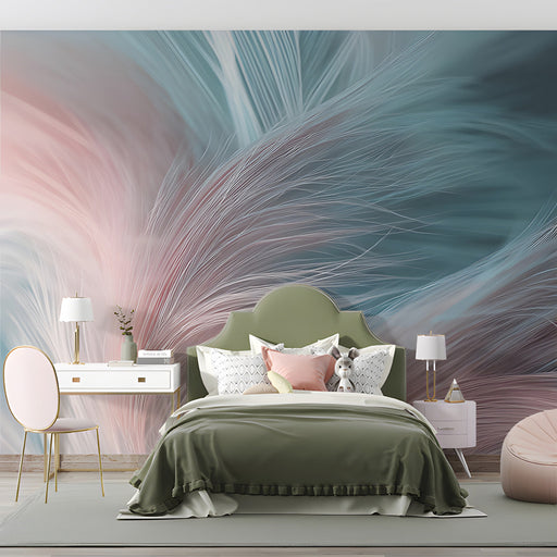 Relaxing bedroom styled with a large scale soft feather pattern mural