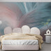 Modern bedroom featuring an ethereal feather mural wall with neutral bedding