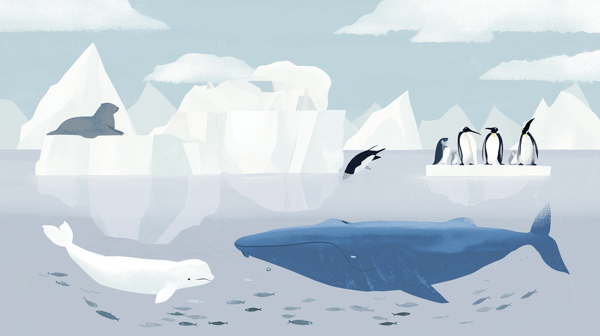 Arctic wallpaper mural with a blue whale, beluga, penguins, and icebergs in a soft painterly style