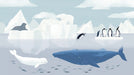 Arctic wallpaper mural with a blue whale, beluga, penguins, and icebergs in a soft painterly style