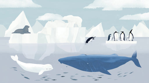 Arctic wallpaper mural with a blue whale, beluga, penguins, and icebergs in a soft painterly style