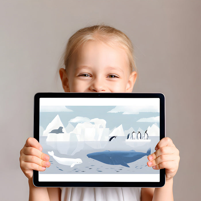 Polar wildlife wallpaper in a bright child bedroom with soft blue bedding and white furniture