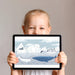 Polar wildlife wallpaper in a bright child bedroom with soft blue bedding and white furniture