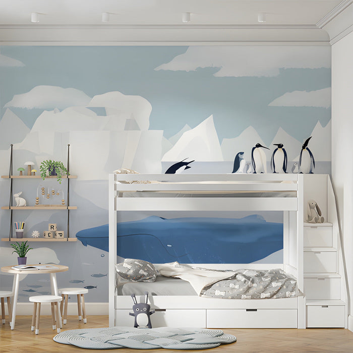 Marine life mural featured in a playful bedoom with light oak shelving and cool lighting