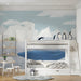 Marine life mural featured in a playful bedoom with light oak shelving and cool lighting