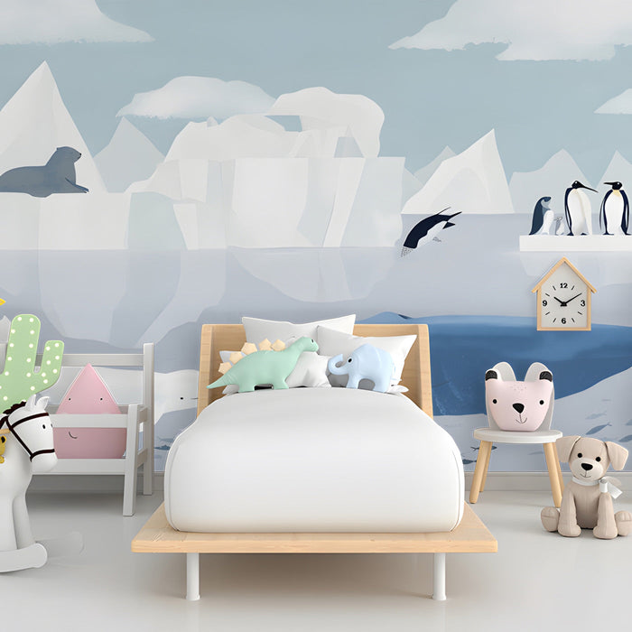 Arctic whale mural installed in a gender-neutral nursery with minimalist wooden crib