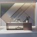 Diagonal geometric mural as a sophisticated feature wall in a clean-lined hallway.