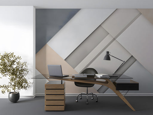Geometric wall mural installed in a minimalist living room with modern furniture.