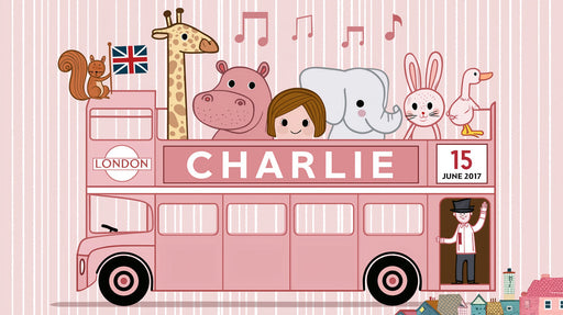 London bus mural wallpaper featuring a giraffe, hippo, and rabbit in pink tones