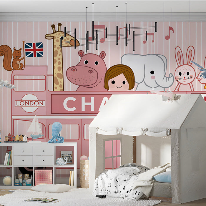 Customizable London bus wallpaper in a girl's bedroom with soft pink decor