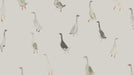 A repeating pattern of hand-painted geese in slate, sage, and white on a soft oatmeal background.