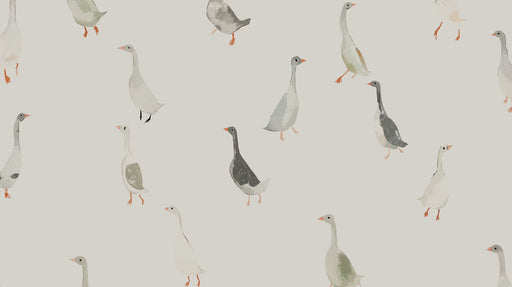 A repeating pattern of hand-painted geese in slate, sage, and white on a soft oatmeal background.