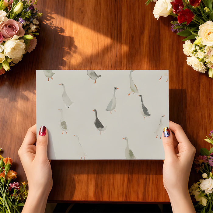 A charming kitchen nook decorated with a whimsical goose pattern mural.