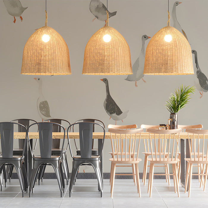 A bright, airy bar featuring a subtle, painterly goose wallpaper design.