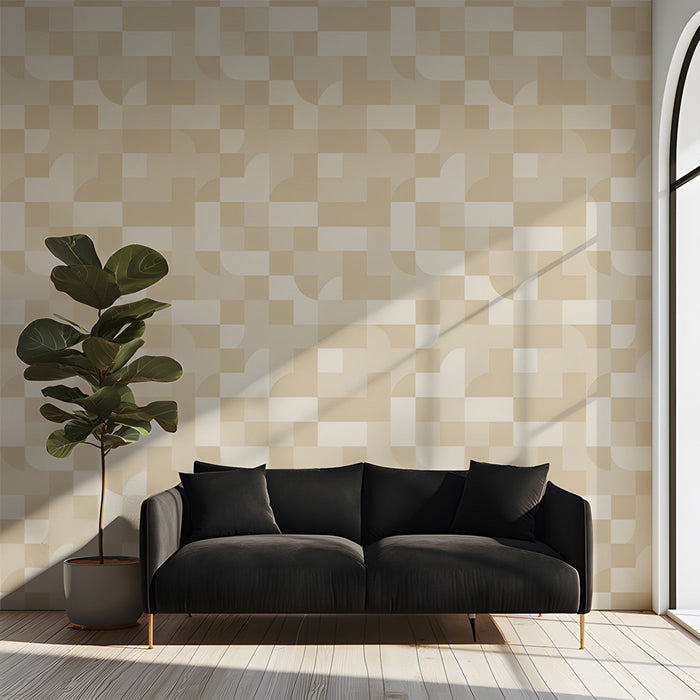 A tranquil entryway space with neutral, geometric wallpaper creating a calming backdrop.