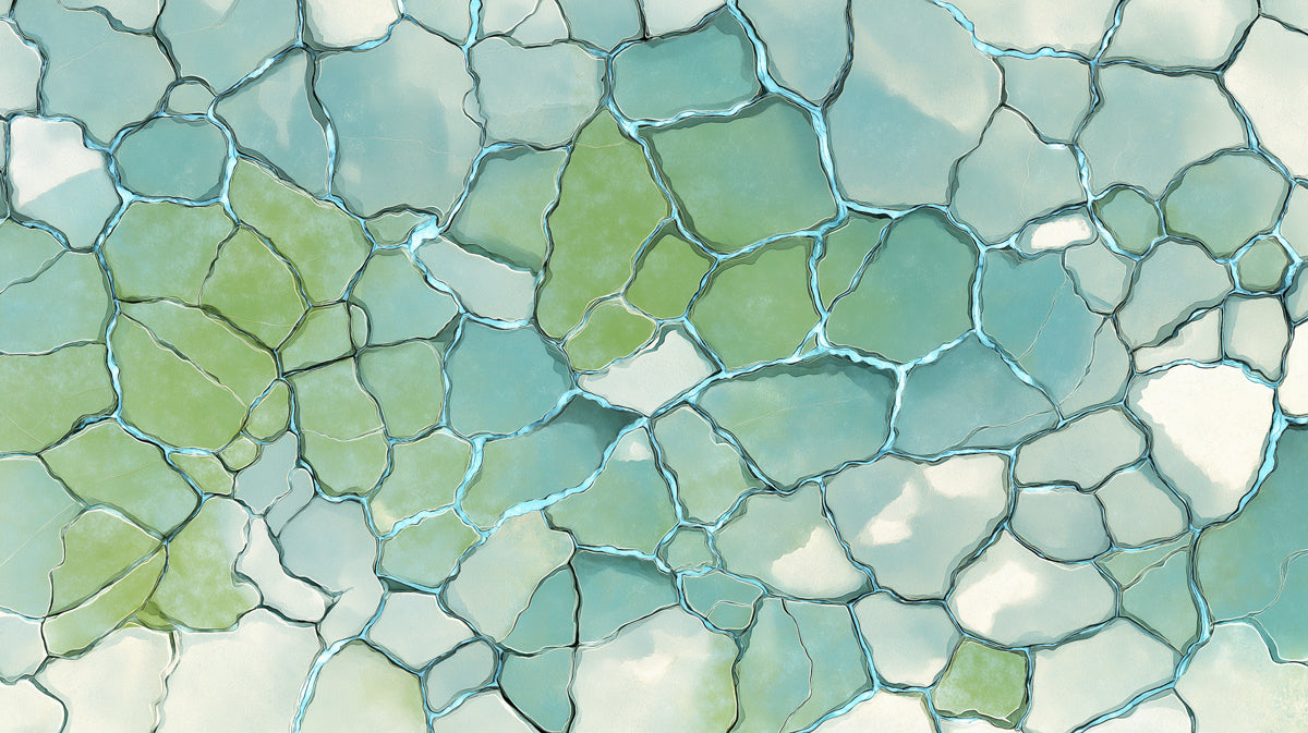 Abstract mosaic wallpaper with smooth stone shapes in mint, sage green, and white, separated by glass-like blue fissures.