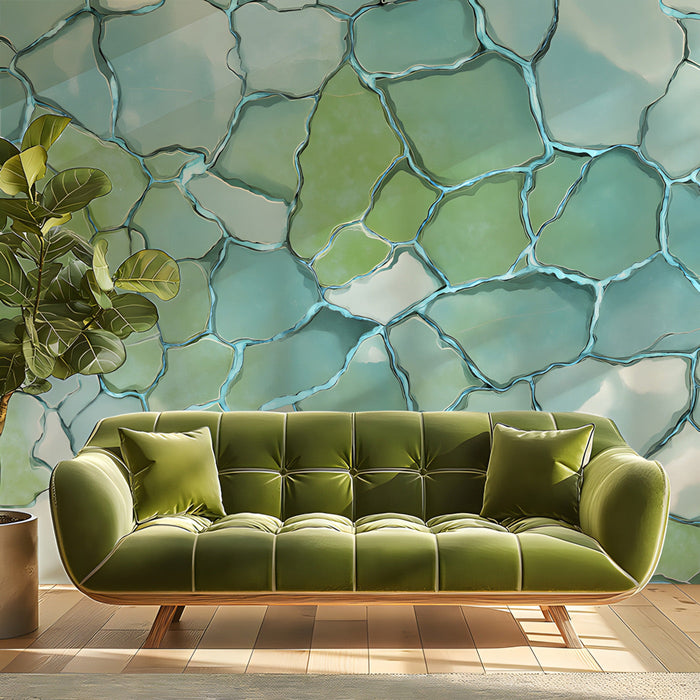 Soft aquatic tone mosaic mural installed in a bright home office space.