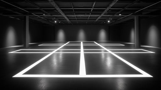 A geometric wallpaper pattern featuring sharp, glowing white lines forming a precise grid against a deep matte charcoal background.