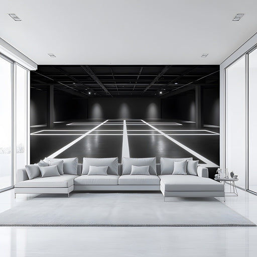 A sophisticated commercial lounge space featuring the geometric white grid pattern on a dark feature wall.