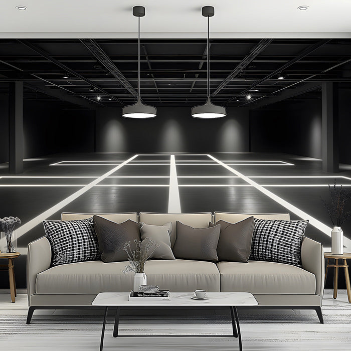 Modern living room with a dramatic luminous grid wall mural behind a black minimalist desk setup.