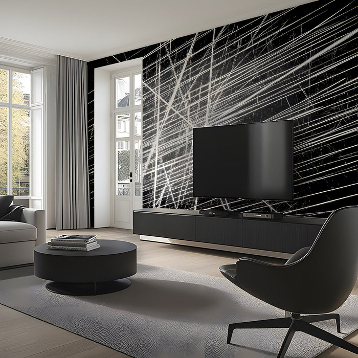 Commercial lounge space styled with striking black and white linear wall art