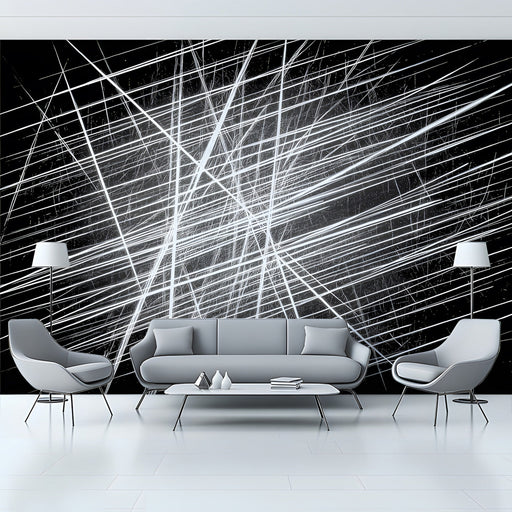 Modern living room featuring a dramatic high-contrast linear mural