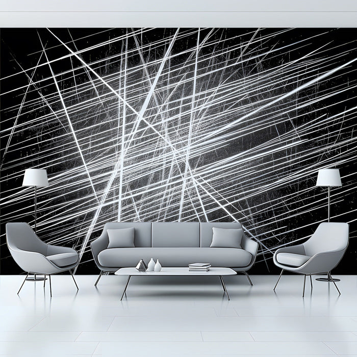 Modern living room featuring a dramatic high-contrast linear mural