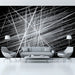 Modern living room featuring a dramatic high-contrast linear mural