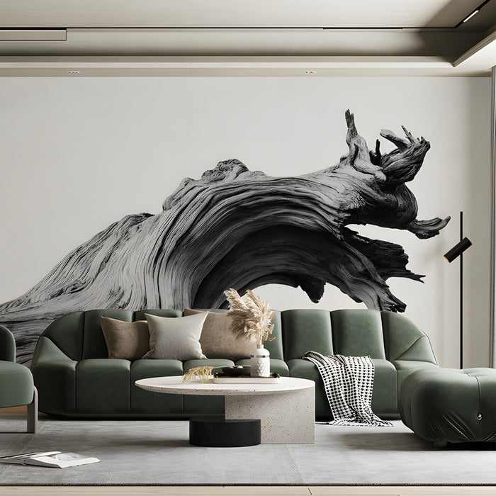 Quiet living room interior with a high-contrast natural wood art mural
