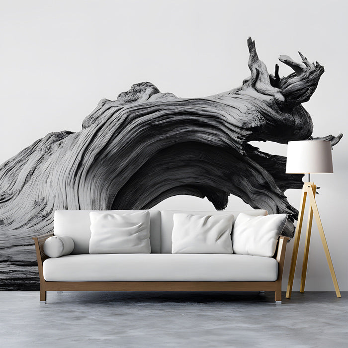 Modern study with a large black and white driftwood mural behind a sofa