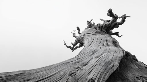 Monochrome macro photography of a gnarled, weathered tree trunk with swirling bark textures against a bright white sky.