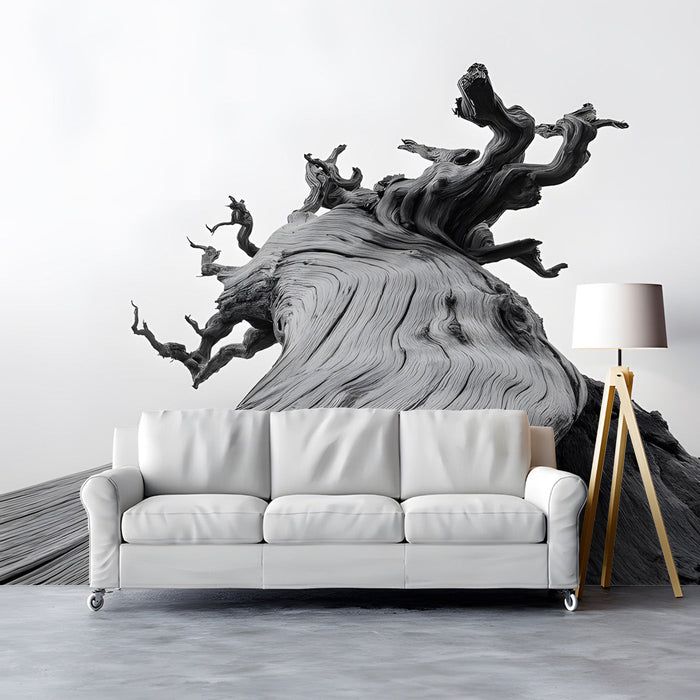 A minimalist home office featuring a large-scale monochrome tree wall mural behind a dark wood desk.