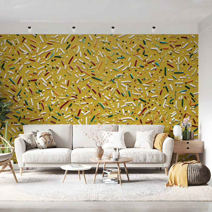 Creative home office wall with colorful confetti pattern and contemporary desk setup