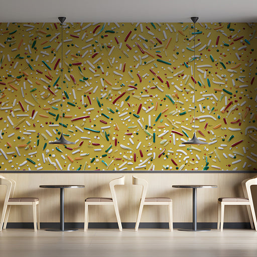 Modern cafe wall covered in yellow confetti sprinkle mural with minimalist white cabinets