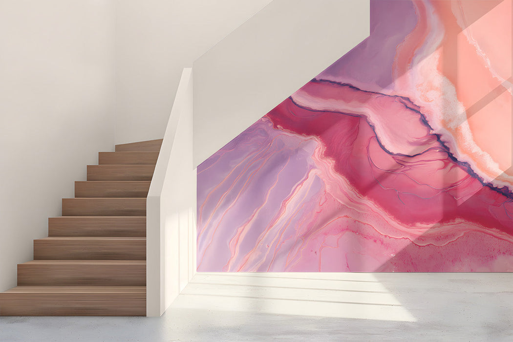 A modern living room featuring the abstract pink and purple marble mural behind a white sofa.