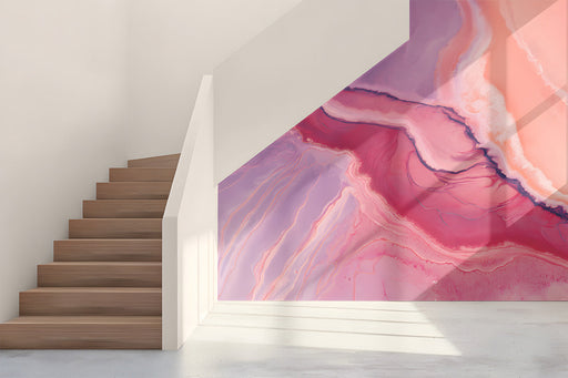 A modern living room featuring the abstract pink and purple marble mural behind a white sofa.