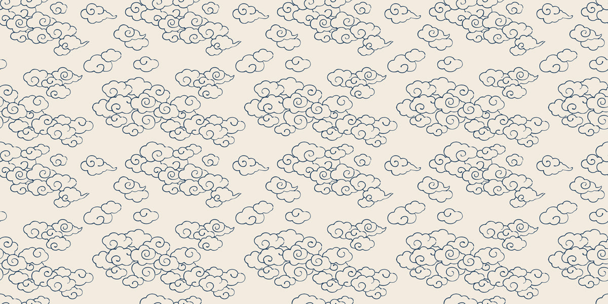 Repeating pattern of traditional Asian style cloud motifs in dark navy ink on a soft cream background