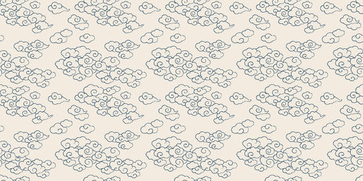 Repeating pattern of traditional Asian style cloud motifs in dark navy ink on a soft cream background