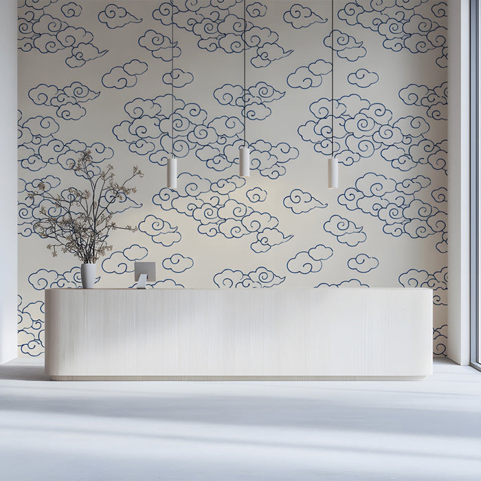 Reception wall covered in traditional ink-style cloud mural for a relaxing sanctuary