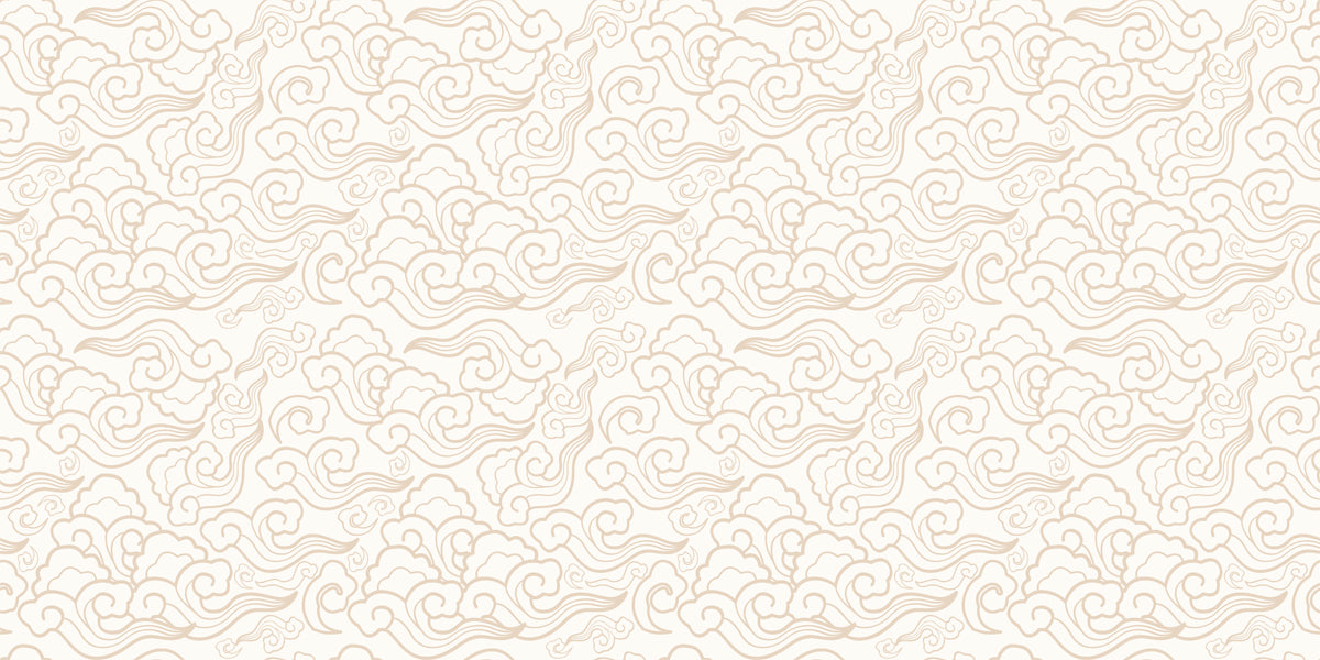 Seamless wallpaper pattern of traditional stylized Asian clouds in warm taupe on a creamy off-white background