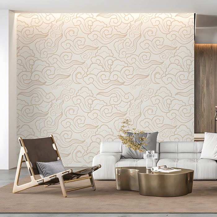 Living room featuring a subtle and calming cloud print wallpaper for a neutral aesthetic